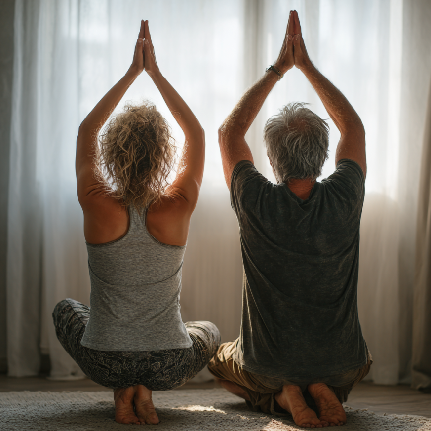 Інструктор йоги працює з групою старших людей