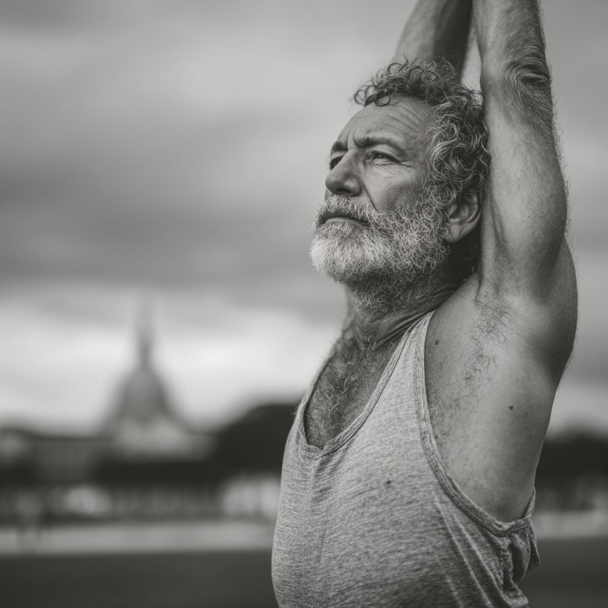 Група старших людей займається йогою в студії